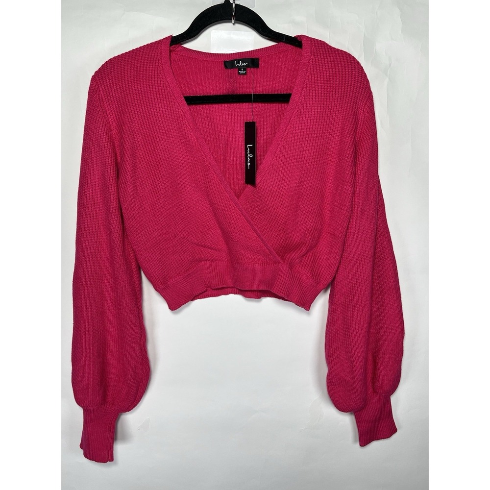 Lulus Pullover Fit For Fall Hot Pink‎ Surplice Balloon Sleeve Sweater Sz S
